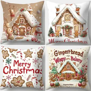 Christmas Themed Cushion Cover, Cute Gingerbread House Pattern Cushion Cover without Filler, Household Decoration Supplies for Home Sofa Bed