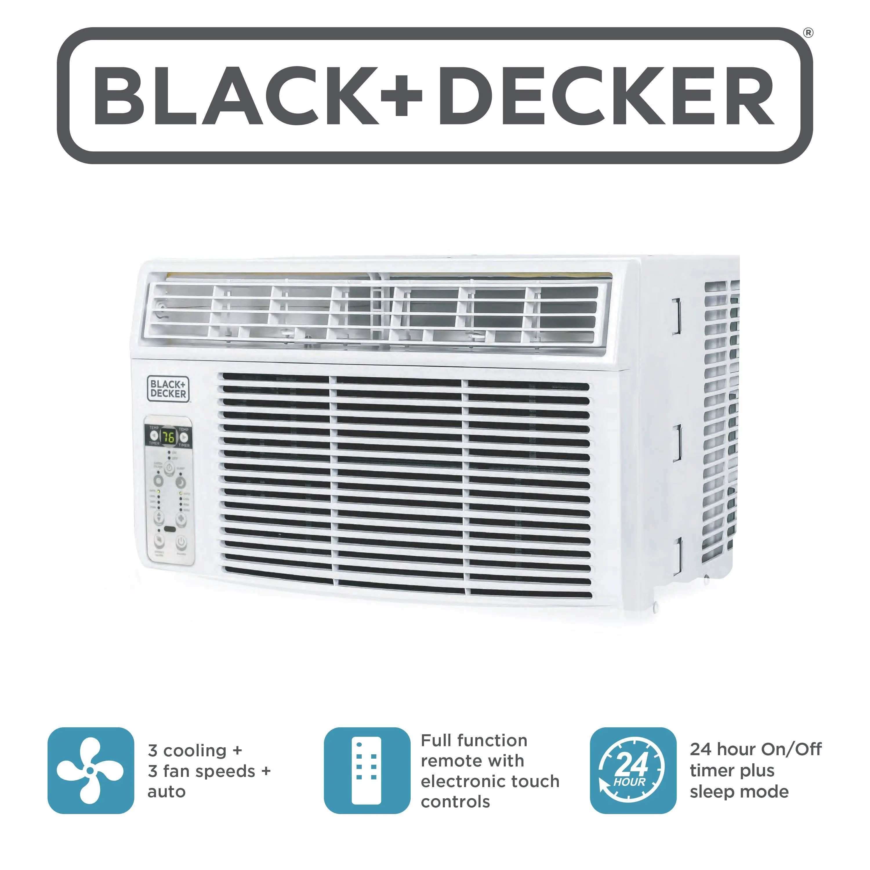 BLACK+DECKER Window Air Conditioner 8000 BTU - Window AC Units with Remote Control, 3 Cooling Speeds, Fan Only Function, Washable Filter, Dehumidifier, Energy Saver, Cools Up to 350 Sq Ft, Model BD08WT6, White for Bedrooms, Living Rooms