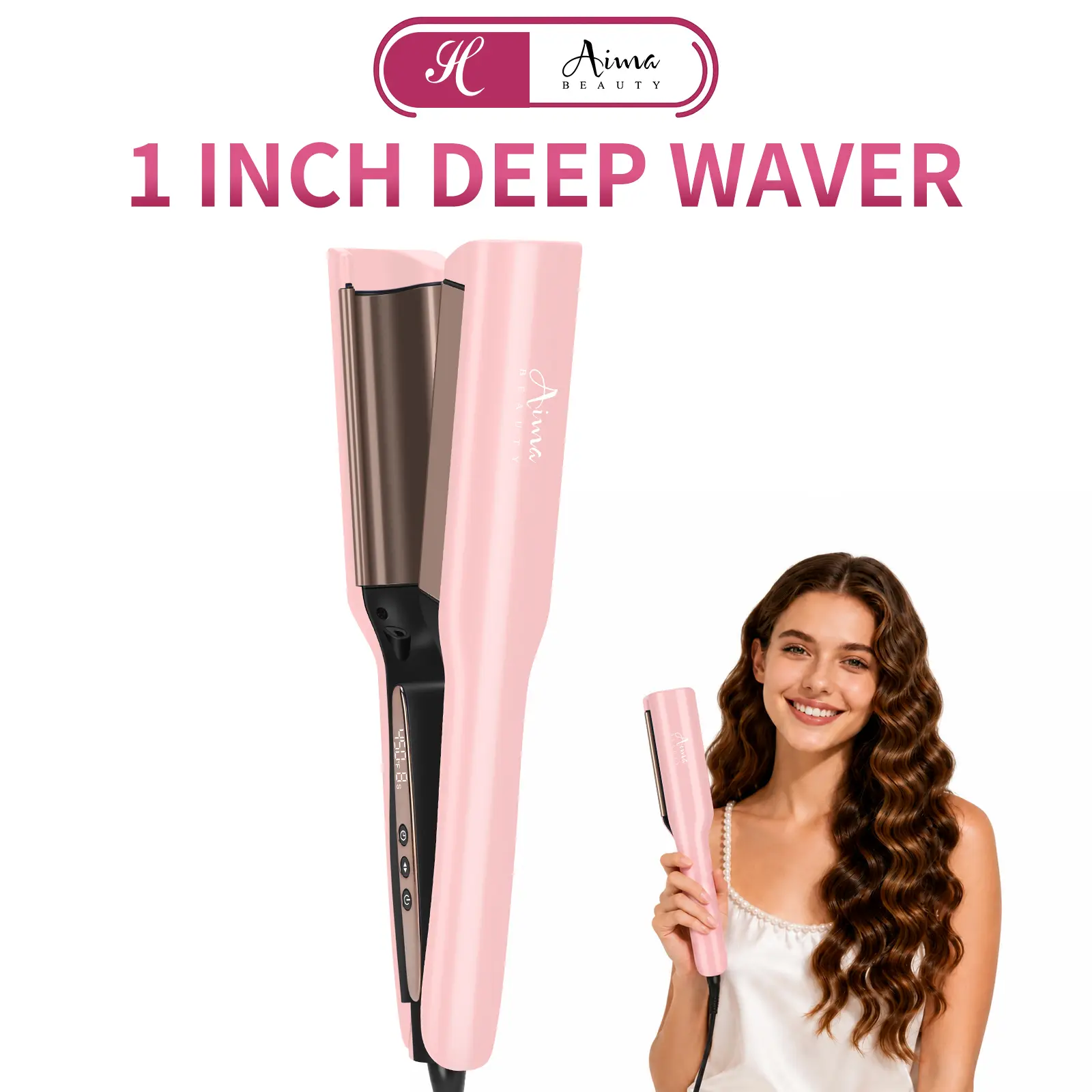 Aima Beauty 1 inch Deep Wave,Hair Crimper & Curling Wand for Beach Waves ,Ionic Ceramic 2 Barrel Hair Waver with 4 Adjustable Heat,Dual Voltage, Anti-Scald, Reduces Frizz & Heat Damage, Smart Timer, Beginner Friendly Hair Tools Gift for Women/Mom