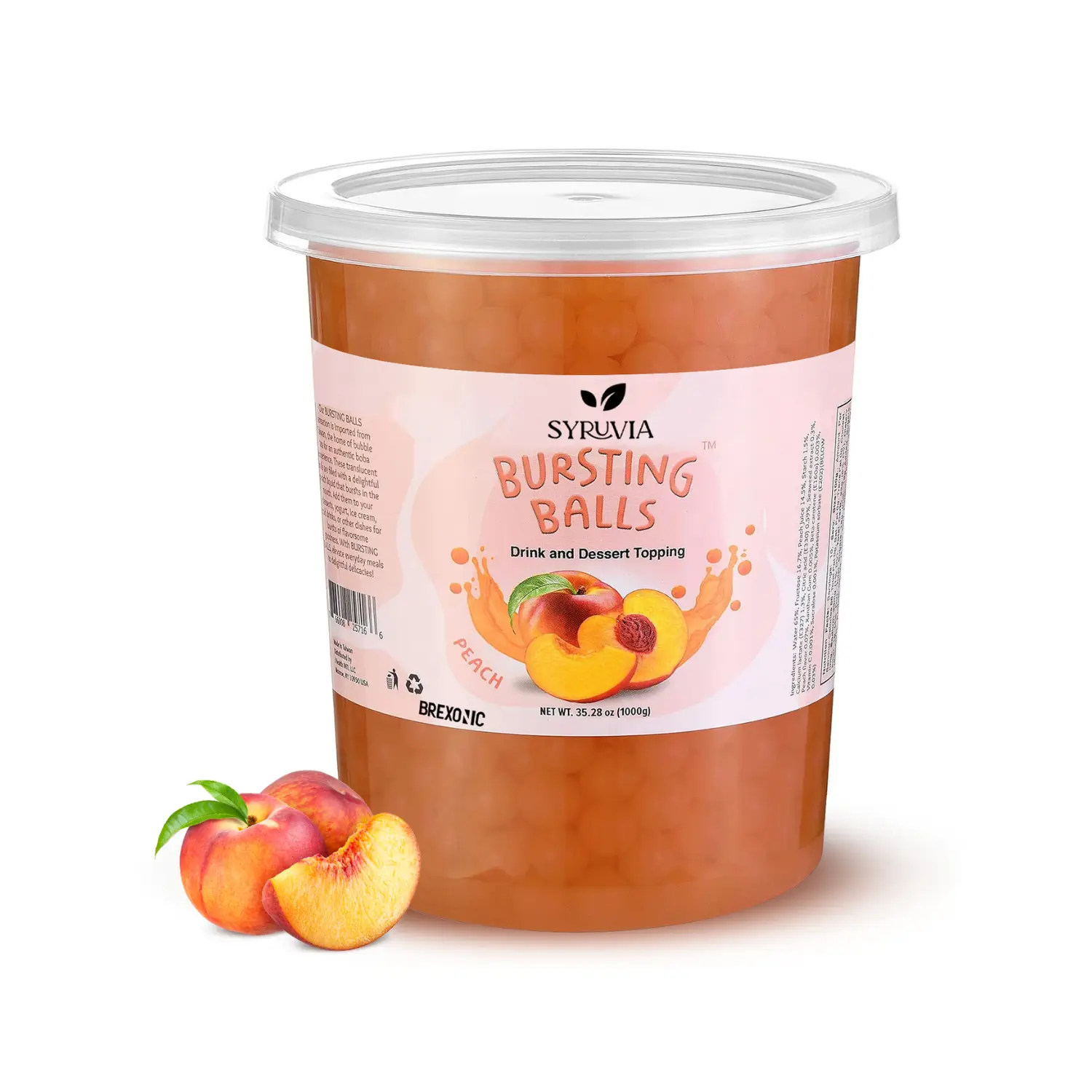 SYRUVIA Sweet Peach Popping Boba Pearls, 2 LB – Bursting Beverage & Dessert Topping for Bubble Tea, Smoothies & More. Peach-Flavored & Natural
