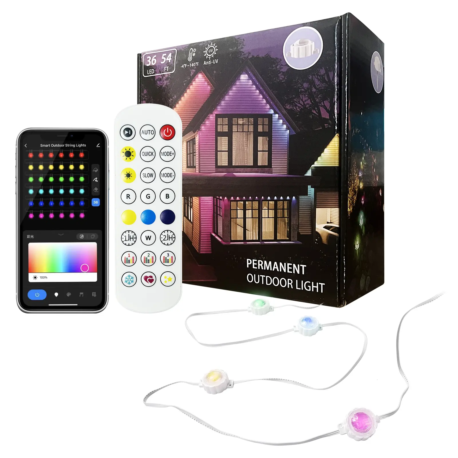 Hardware RGB+IC Smart Permanent Outdoor String Lights, 50ft-100ft Extendable, IP68 Waterproof, App/Remote Control, 50 Scene Modes, for Christmas, Pool Party Decor