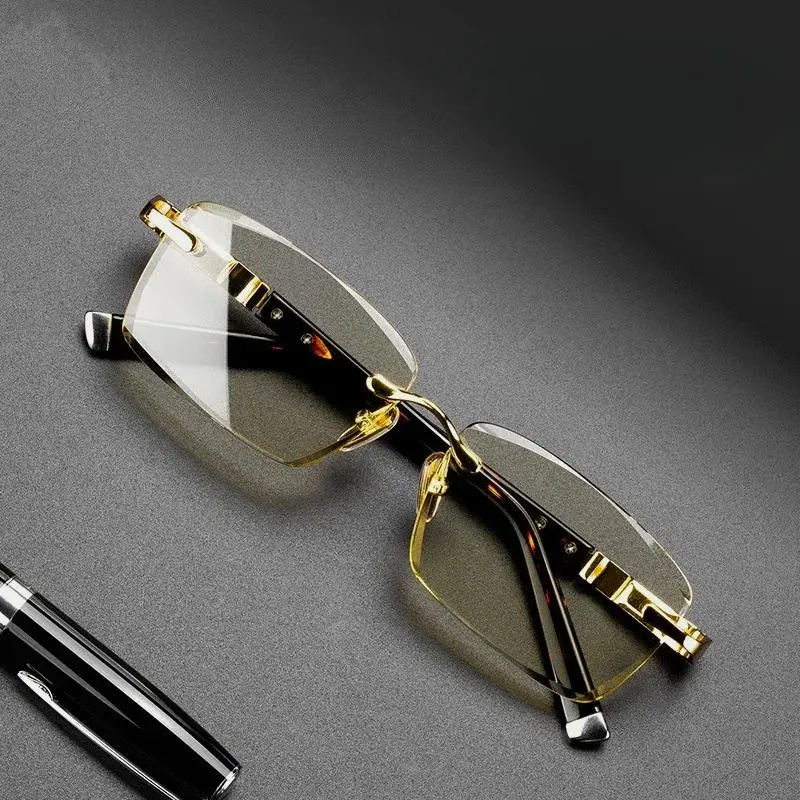 Unisex Titanium Alloy Borderless Square Browline Reading Glasses, Natural Metal Material, Resin Lens, 1.0-4.0 Power, Black Rectangular Frame, Advanced Eye Protection, Waterfall Waves Stars Design, Individual Look, Blue Light Blocking Lens, Influencer