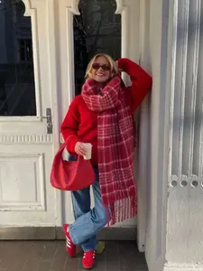 Women's Fashion Plaid Scarf, Thick Warm Winter Neck Warmer, Windproof Outdoor Scarf, Stylish New Arrival for Cold Weather Thick fringe scarf winter scarf Checkered Scarf