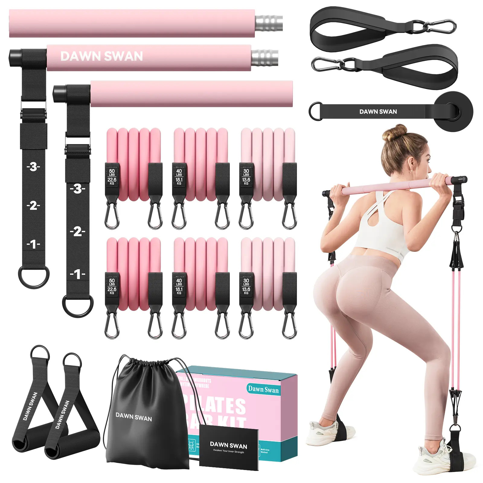 [DAWN SWAN] Adjustable Pilates Bar Kit with Resistance Bands - Women's Workout Equipment, Home Workout & Home Gym Equipment for Yoga/Pilates, Squats Easier & Compact Portable Full Body Toning, Exercise Equipment