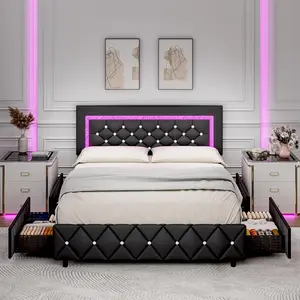 HOMBCK Bed Frame with LED Lights, No mattress, Upholstered Morden Bed Frame with Storage Drawers, Diamond Headboard and Footboard, No Box Spring Needed Furniture