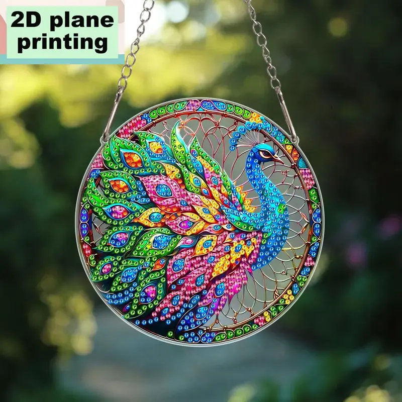 2D Flat Acrylic DIY Diamond Painting Kit, Enchanting Peacock Diamond Art Hanging, Artistic, Irregular Shaped Crystals, Suitable for Gardens, Windows, Porches, Walls, Rooms, Mosaic Art Handcrafted, Colorful Room Decorations