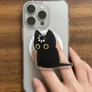 Black Cat Void Loading MagSafe Phone Grip, Cute Silly Funny Phone Magnetic Holder, Kawaii Gift Aesthetic Reader Kindle Popgrip Stand sticky Library Card mount accessories Flower-Shaped Multi-Functional Universal Adjustable Car