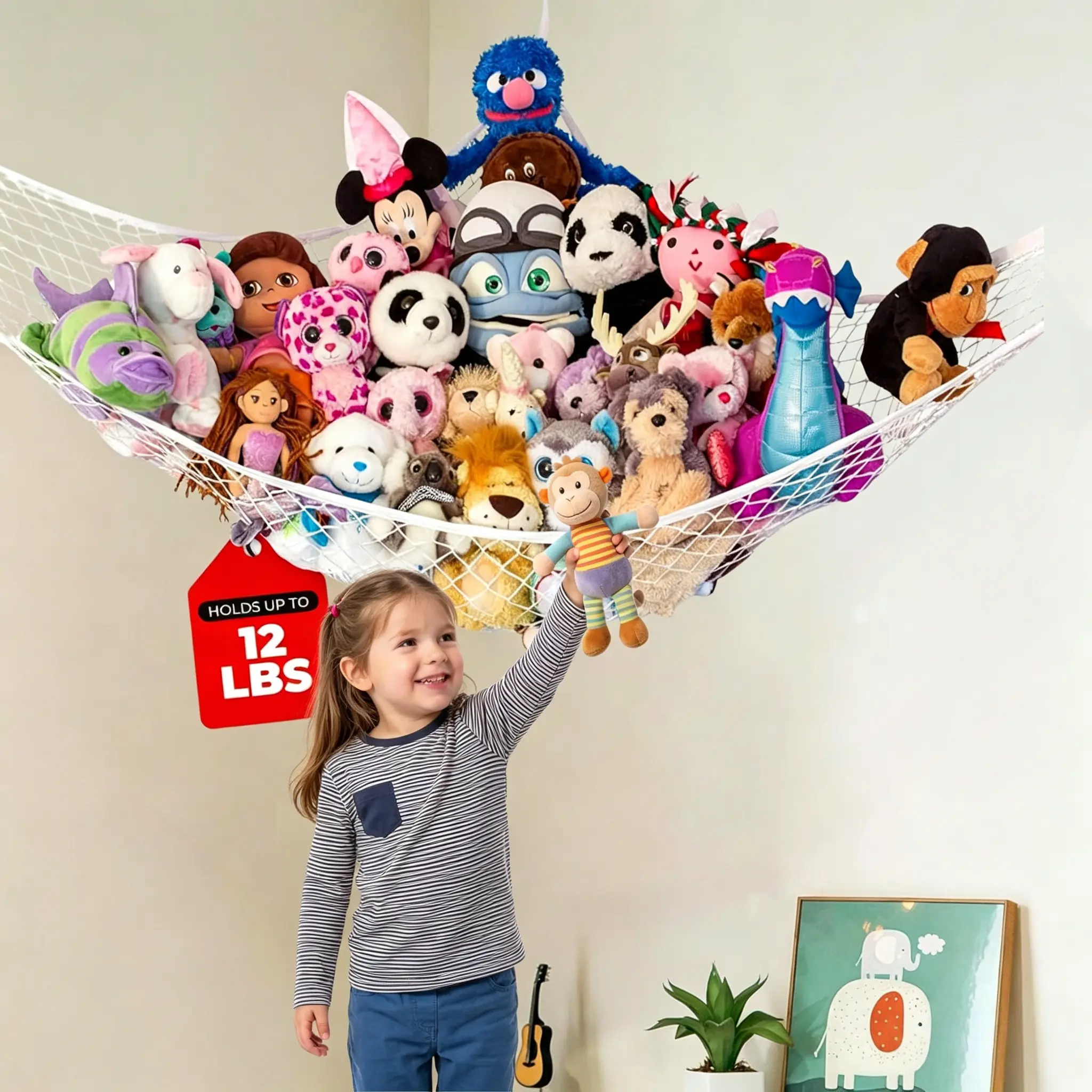 Large White Corner Stuffed Animals Hammock - Wall-Mount Home Organizer for Kids Room, Decor, Hanging Decor, Wallmount Tidy, Organize Toys, 12lbs Load Capacity, Easy Installation with Full Hardware, 67"x47"x47", Full Hw