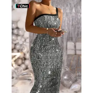 Women’s Glitter Sequin One-Shoulder Bodycon Dress, Elegant Fashion Sleeveless Evening Party Gown, Ladies’ Clothing for Spring & Autumn