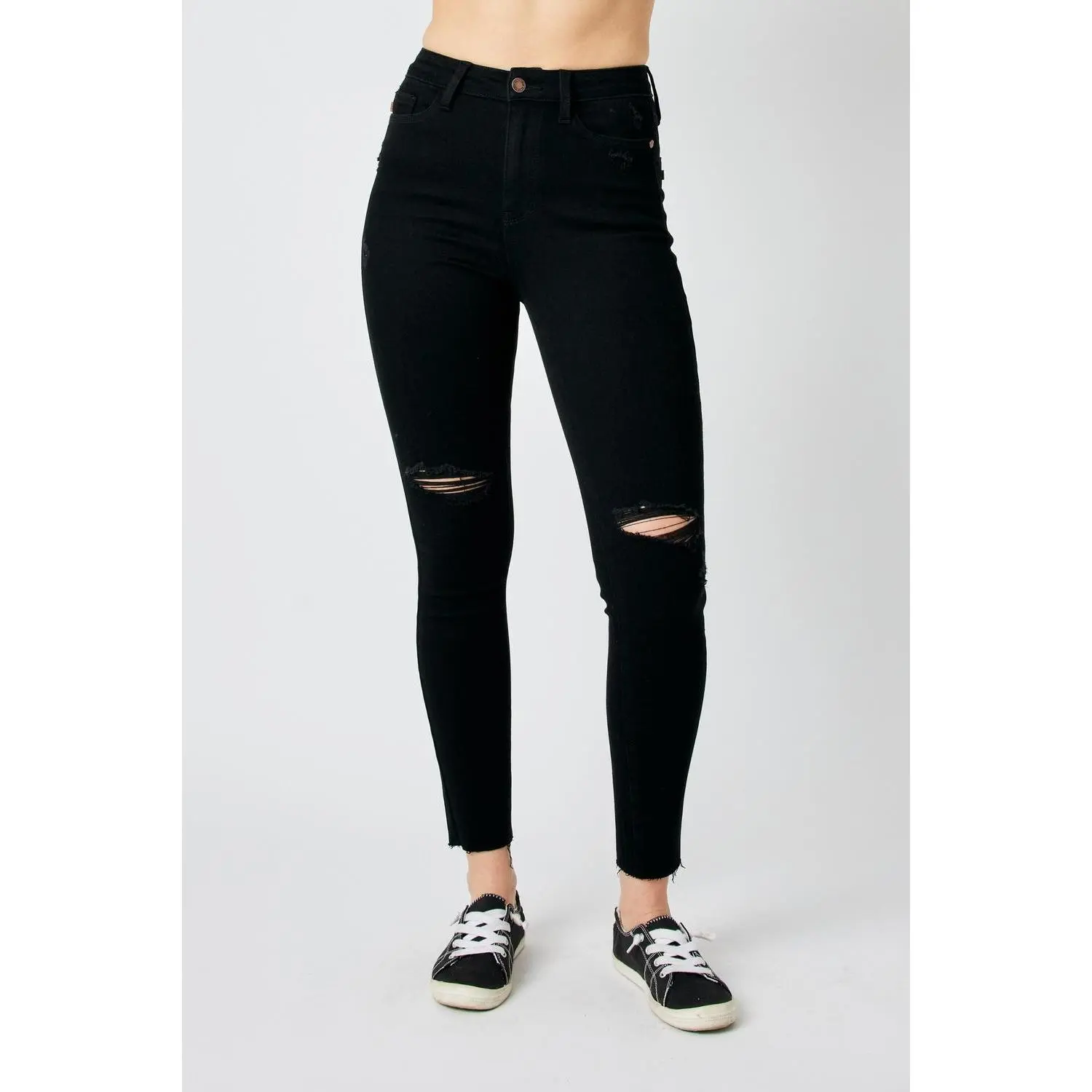 Judy Blue Women's High Waist Heavy Destroy Spandex Skinny Fit Jeans - Soft Stretch Bottom Pants, Comfortable Everyday Denim, Stylish Frayed Edge Raw Hem, Flattering Style, Heavy Distress, Multi-Size, All Seasons, 14W, Polyester, 16W, Bold Distressing, Cas