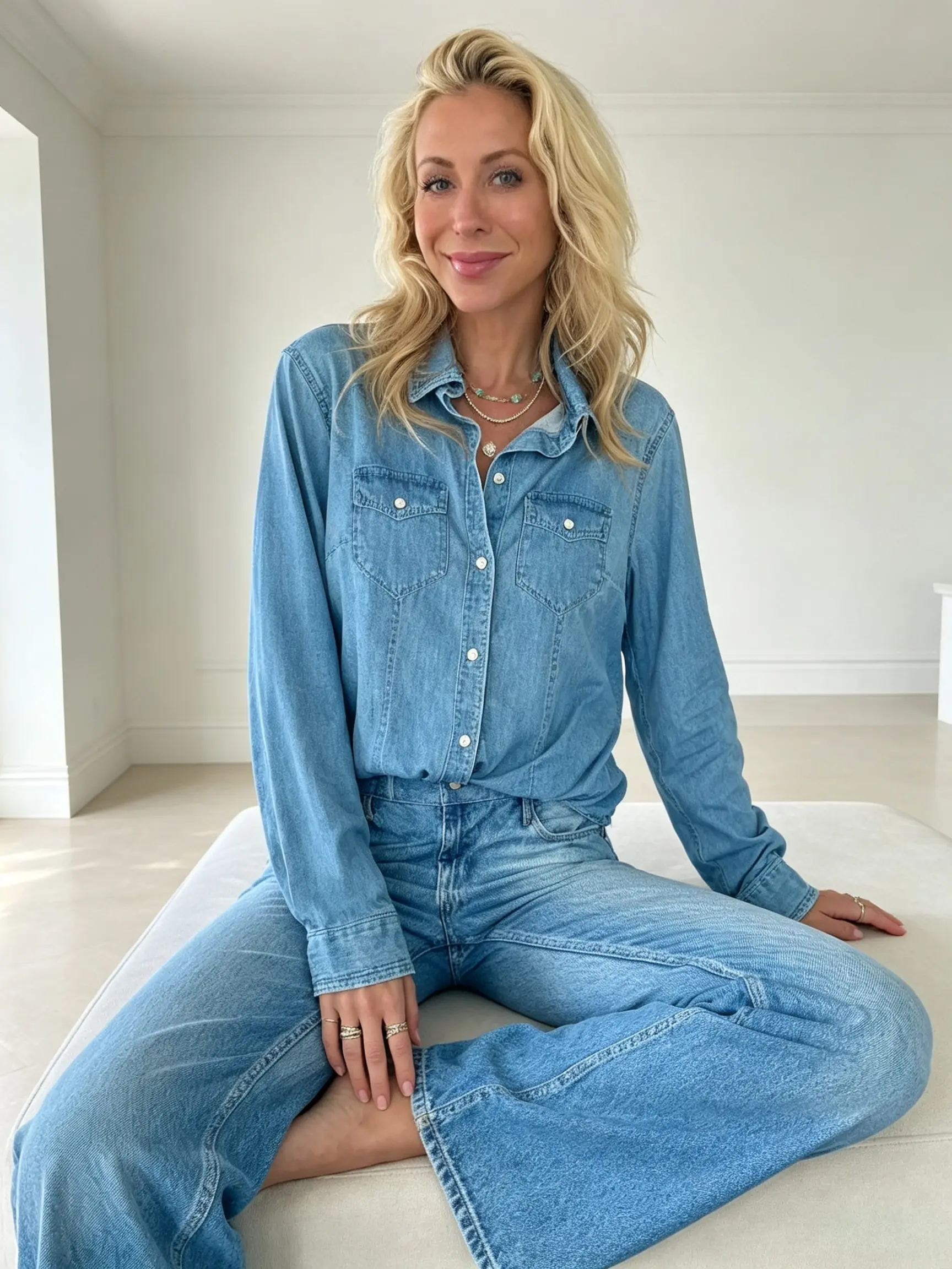 Women's 2-Piece Denim Look Pajama Set - Longsleeves Top & Pants, Comfy and Cozy Nightwear, Cute Pajamas, Soft Loungewear, Soft Touch, Stretch Fabric, Machine Wash, True-To-Size, Pyjamas, Home Outfits, Wide Legs, Jean Details, 2Xl