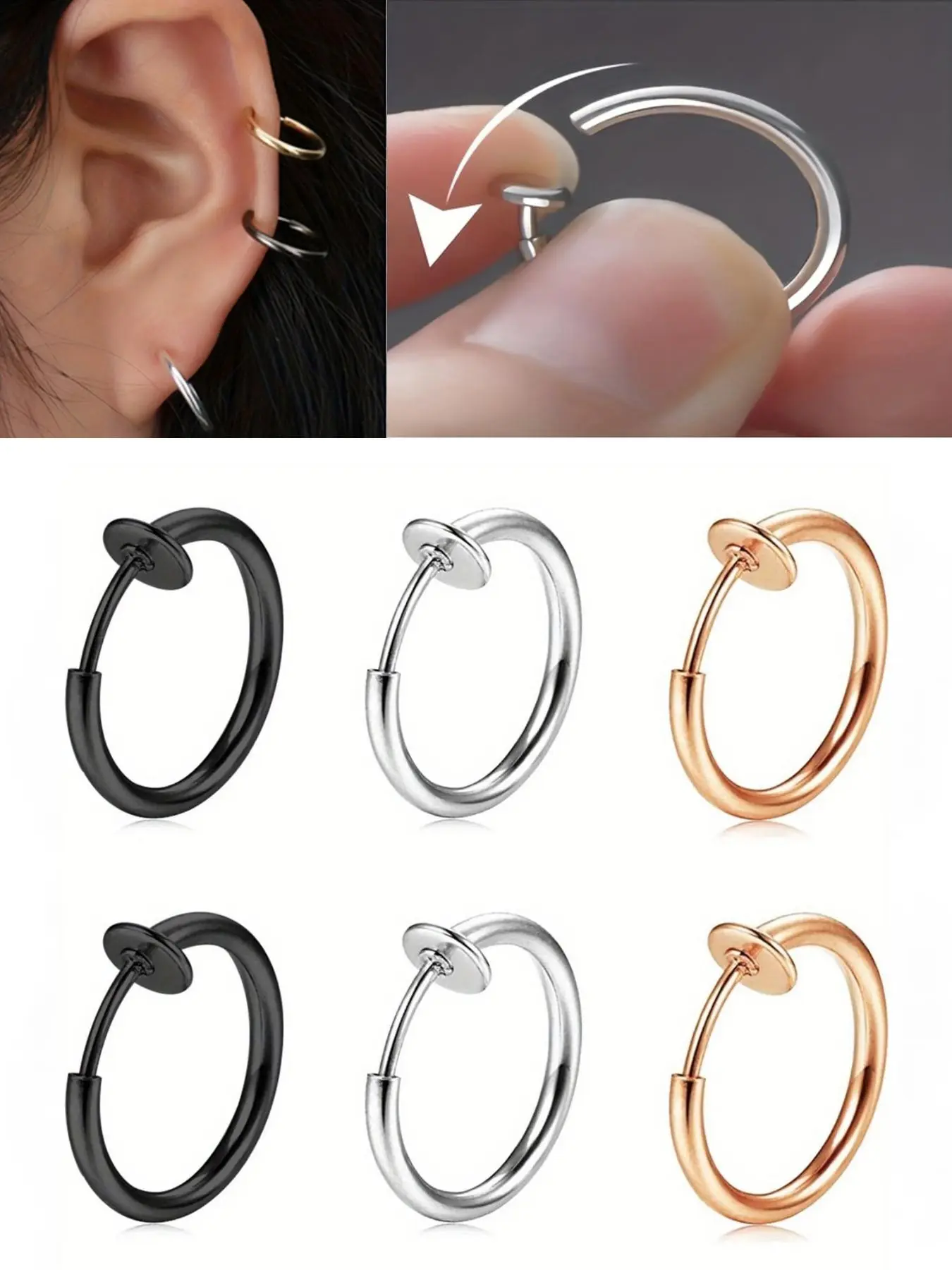 Punk Style Invisible Clip Earrings Set, Non Piercing Earrings, No Piercing Required Spring Loaded Spiral Ear Clips for Men & Women, Fashion Jewelry Accessories