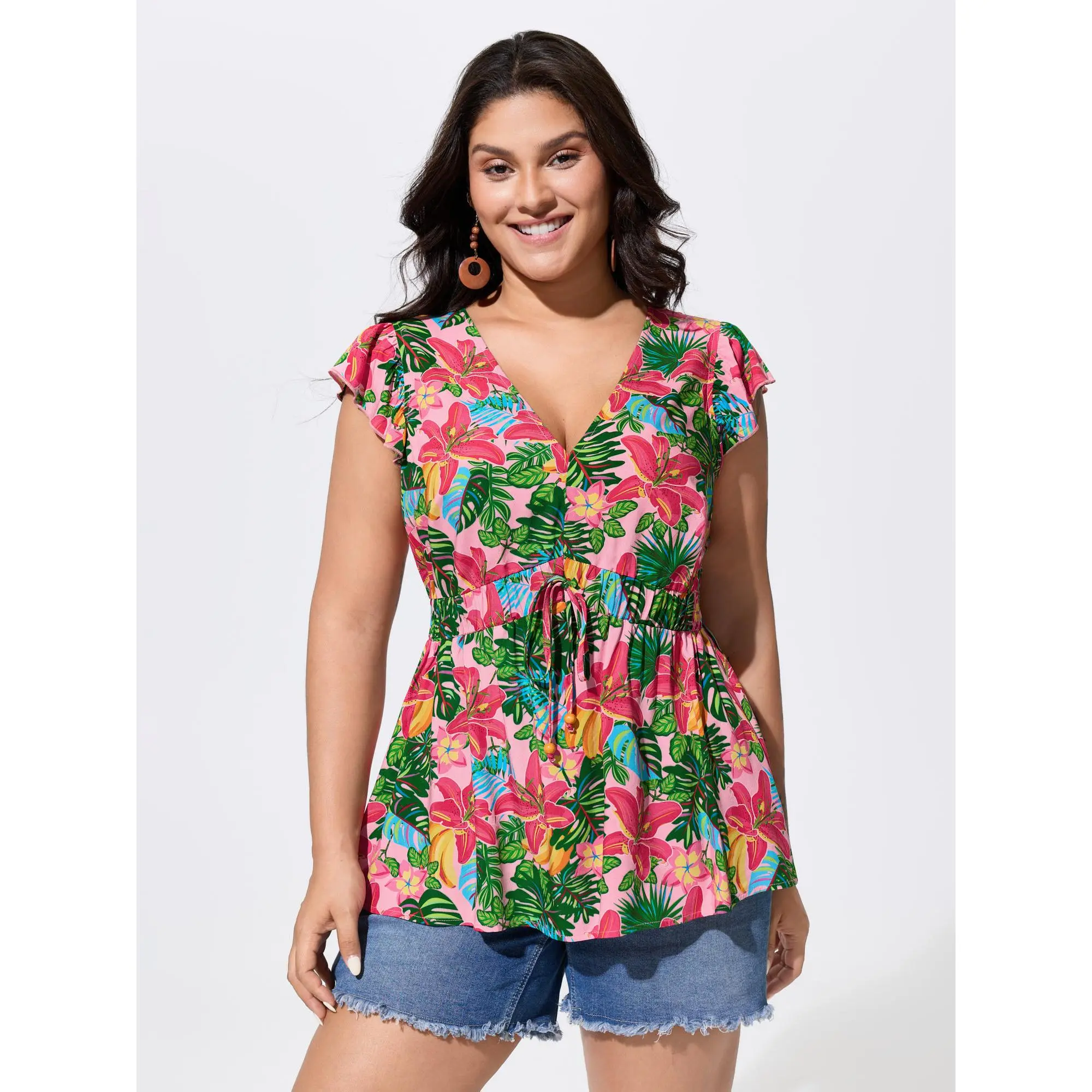 BLOOMCHIC Women's Plus Size Vibrant Floral Print Cinched-Waist Rayon Blouse - Ruffle Sleeve Top, Regular Length Shirts, Smooth Fabric, 2026 Spotlight, Summer Fit, M-6X Sizes, Confidence-Boosting, Limited-Time Deals