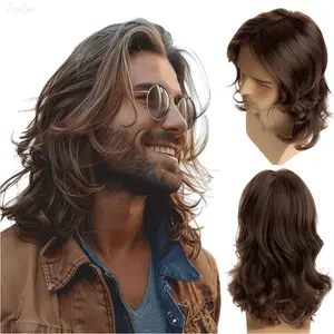 Men's Medium Length Wavy Hair Wig, Natural Brown Synthetic Hair, Retro Style Textured Hairstyle for Daily Wear, Cosplay & Casual Vibe