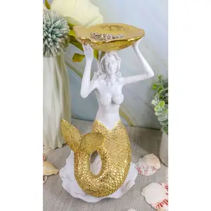 Ebros Art Nouveau Mermaid Holding Sea Shell Candle Or Jewelry Holder Decor Figurine 10.25" Tall