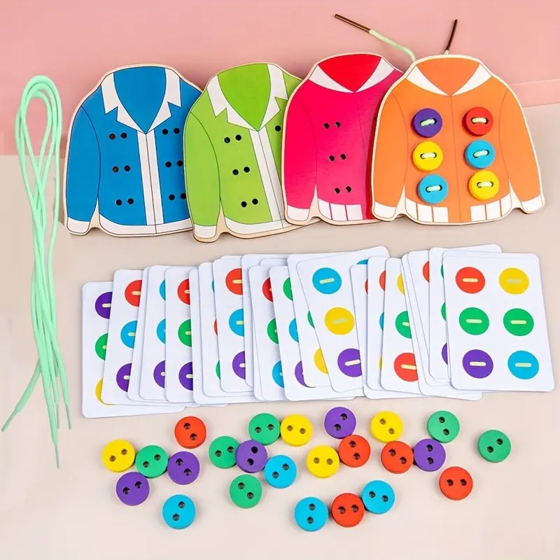Colorful Wooden Button Lacing Game for Teens, Educational Sewing Toy, Fine Motor Skills, Hand-Eye Coordination, Ideal Gift for Girls