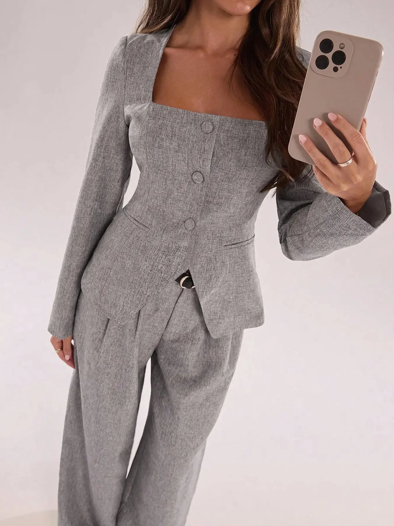 Unique Minimalist Square Neck Single Button Blazer Set Long Sleeve Straight Leg Pants Spring Fall Winter Commuting Chic Elegant Versatile Suit Lightweight Breathable Trendy Streetwear Vacation Beach Travel Resort Holiday Work Office Lounge Party Date