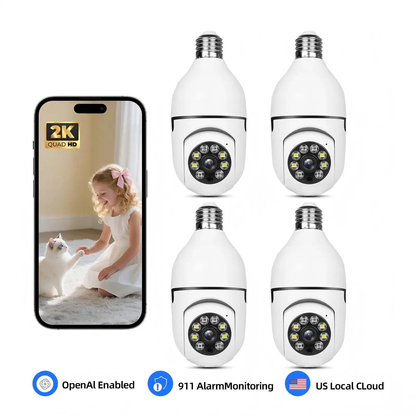 AI Home Security Camera - 911 Alarm, Day & Night Full Color, 2-Way Voice Intercom, Wifi Monitoring Camera, Cord Socket Installation, Home Security System, Indoor & Outdoor Use (1Pc/4Pc Options)