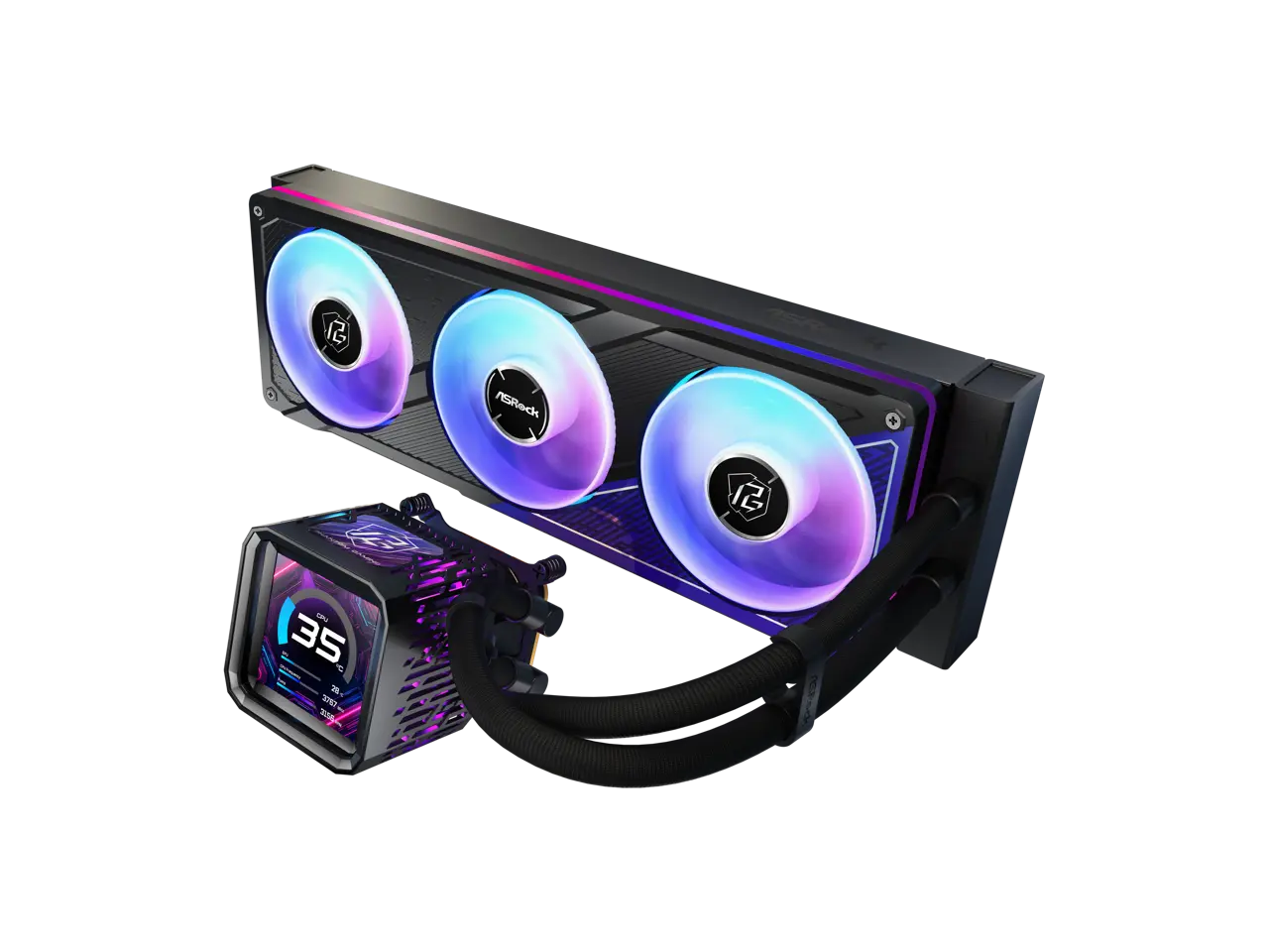 ASRock PHANTOM GAMING 360 LCD 32mm radiator, 3.4" LCD, VRM module, 360 ARGB unified-frame fan, black version