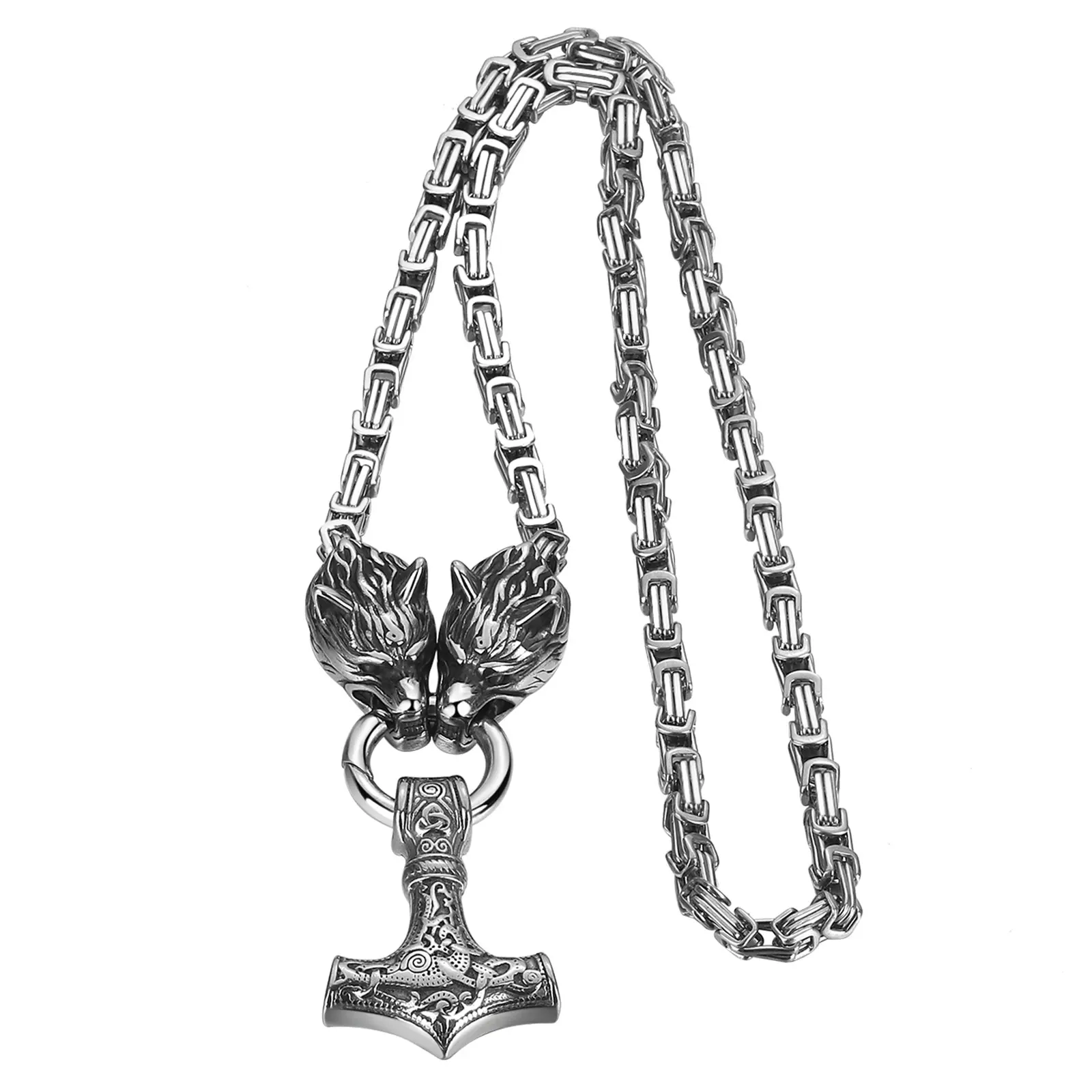 OIDEA Viking Necklace for Men, Solid Stainless Steel Thor's Hammer Pendant with Heavy Byzantine Wolf Head Chain, Norse Mythology Jewelry, 24/28 Inch, 24" (61 Cm), Heavy Byzantine-Style, Raised Details, Birthday, Christmas, Father's Day, Wolf Heads, Resist