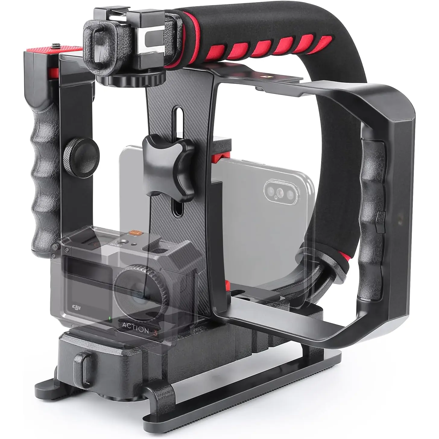 Camera Handheld Stabilizer with Smartphone Video Cage Rig, Triple Cold-Shoe Handle Grip Compatible with All Camera Action Camera DSLR Smartphone