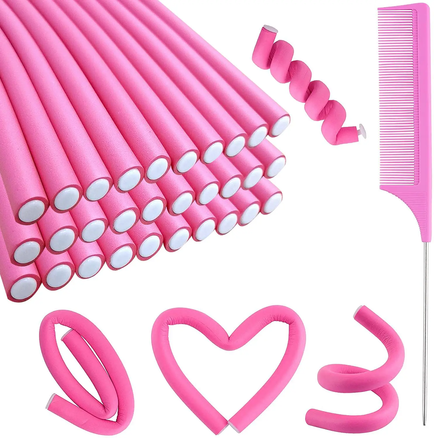 30PCS 9.45 in Soft Foam Flexi Rod Curlers Set - No Heat Styling Tools for Short&Long Hair, Steel Comb Included for Wavy/Curly Hair Wrap & Hold