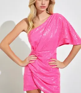 Neon pink sequin one shoulder dress