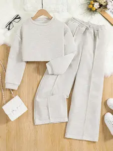 Two-piece Set Girl's Solid Color Drop Shoulder Crop Sweatshirt & Overlap Waist Sweatpants Set, Casual Fashion Cozy Round Neck Long Sleeve Pullover & Elastic Waist Jogger Pants for Daily Wear, Kids Fall & Winter Clothes