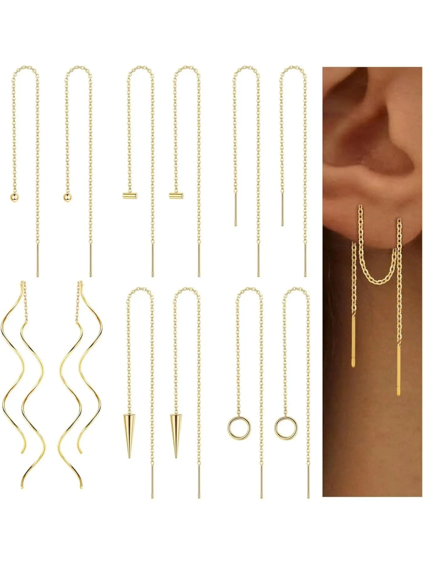 Women's 6-Pair Stainless Steel Chain Tassel Earrings, Lightweight Wave Threader Ball Dangle Drop Design, Casual Style Jewelry, Earring Stacking Set, High Quality Earrings, Lightweight Stackable Earrings, Dangling Earrings