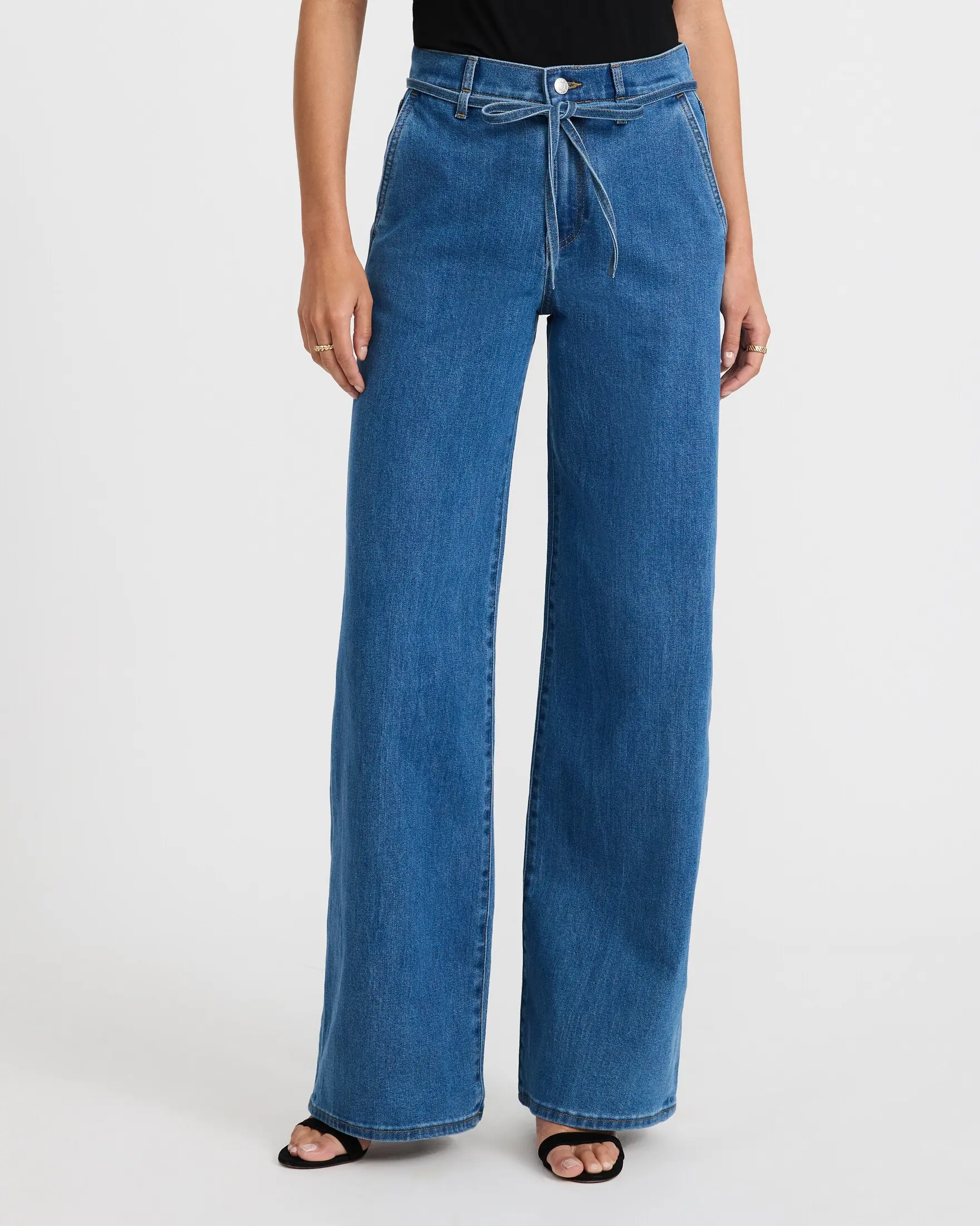 Express High Waisted Drawstring Wide Leg Medium Wash Jeans