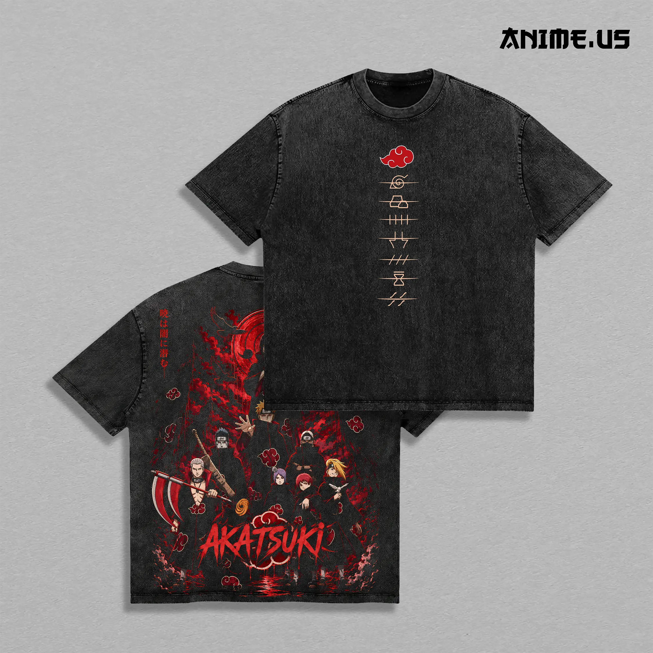 Akatsuki Vintage Washed Heavyweight Cotton T-Shirt, Rogue Ninja Organization Anime Graphic Tee, Double Sided Oversized Streetwear Shirt, Itachi Pain Obito Member Unisex Manga Fan Gift