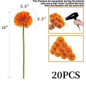 Set of 20 Artificial Fake Flower Plants Silk Chrysanthemum DIY Ball Hydrangea Arrangements Wedding Bouquets Decor Home Kitchen Garden Party Table (Orange)