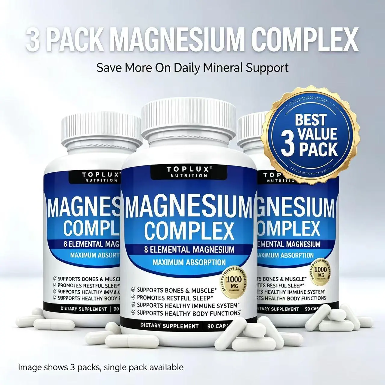 3 Bottles of Nutrition Magnesium Complex 7 Elemental Sources Men Women Bone Muscle Sleep Immune Support Nature Decent Fitness Dietary Supplement Malate Taurate Chelated for Easy Absorption for Bones Muscle Recovery Energy 1000mg 90 Capsules