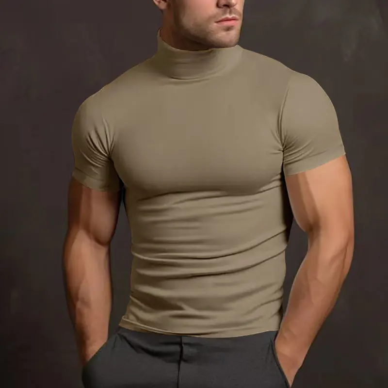 Men's Casual Olive Green Turtleneck Short-Sleeve Menswear Top - Comfortable, Stylish