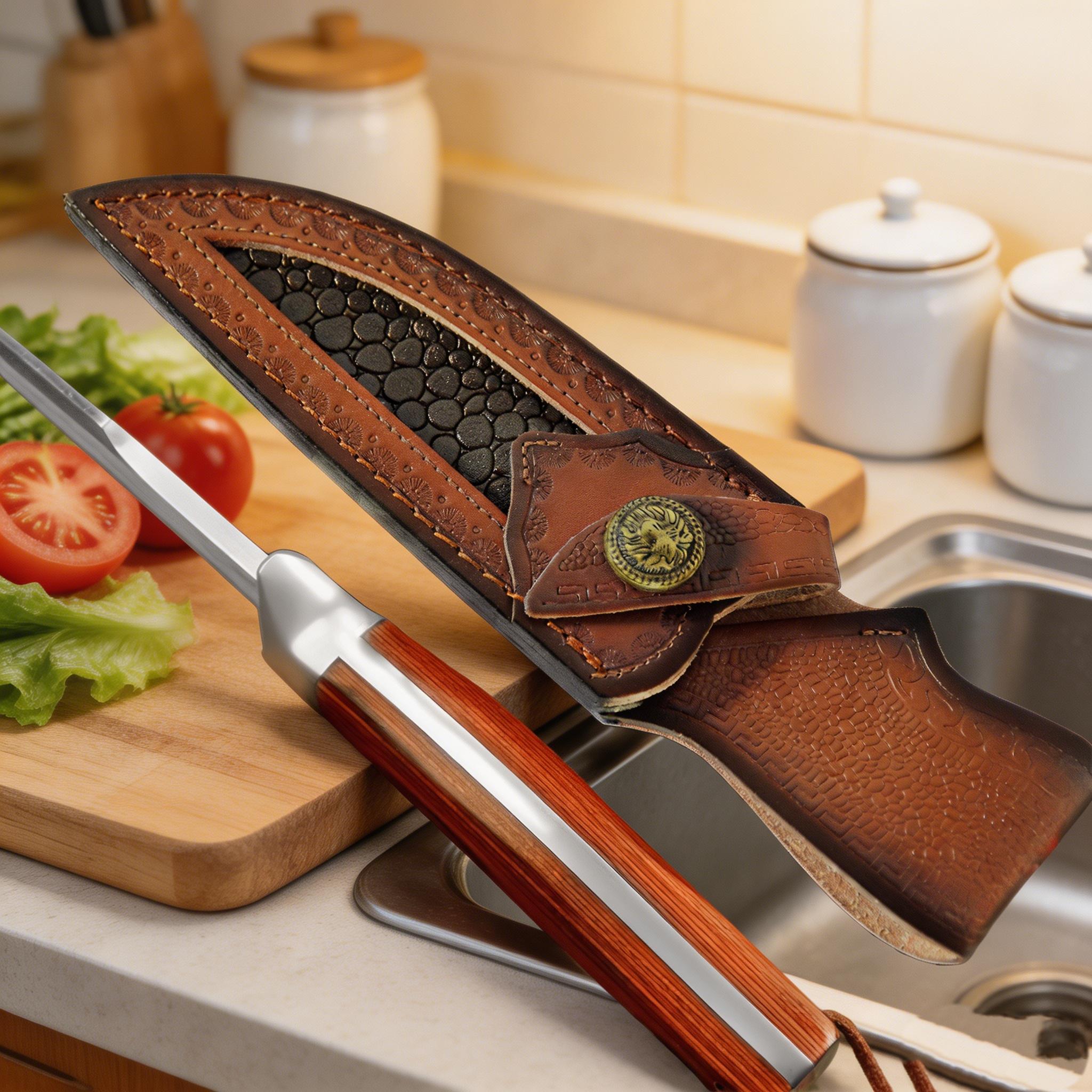 Premium Fruit Paring Knife with Genuine Leather Sheath, Stainless Steel Blade, Wood Handle for Kitchen & Outdoor