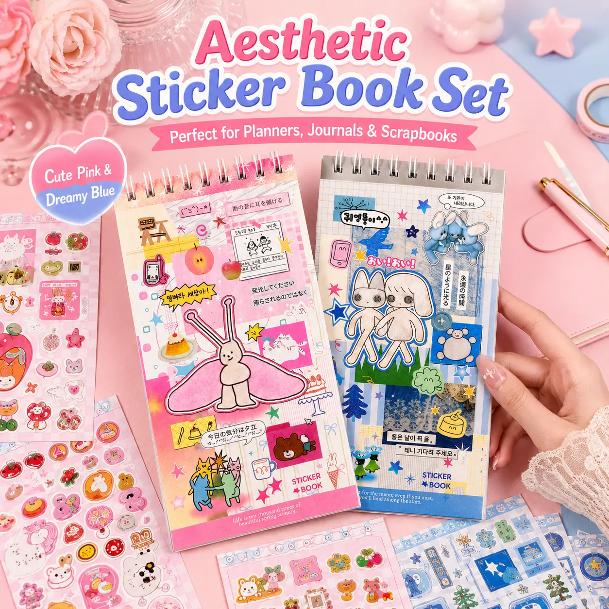 Kawaii Korean Funny Sticker Book Pad - 20/40 Sheets, 280+ Pcs Coil Top-Bound Cute Polco Toploader Decals for Scrapbooking, Bullet Journal (Toys & Hobbies, DIY Scrapbooking & Stamping), Funny Stickers