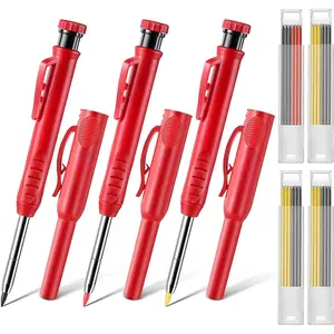 3 Pack Carpenter Pencils Set with 24 Refills, 2.8 mm Carpenters Mechanical Pencil Built in Sharpener Woodworking Marking Tool Solid Long Nosed Deep Hole Construction Pencil