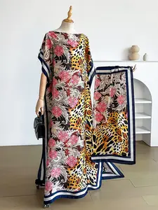 Elegant Women's Ditsy Floral Print Dress Set, Shawl Collar Long Sleeve, Beach Sun Protection Silk Scarf, All Seasons Casual Wear, Casual Boho Bohemian, Casual Boho Fit