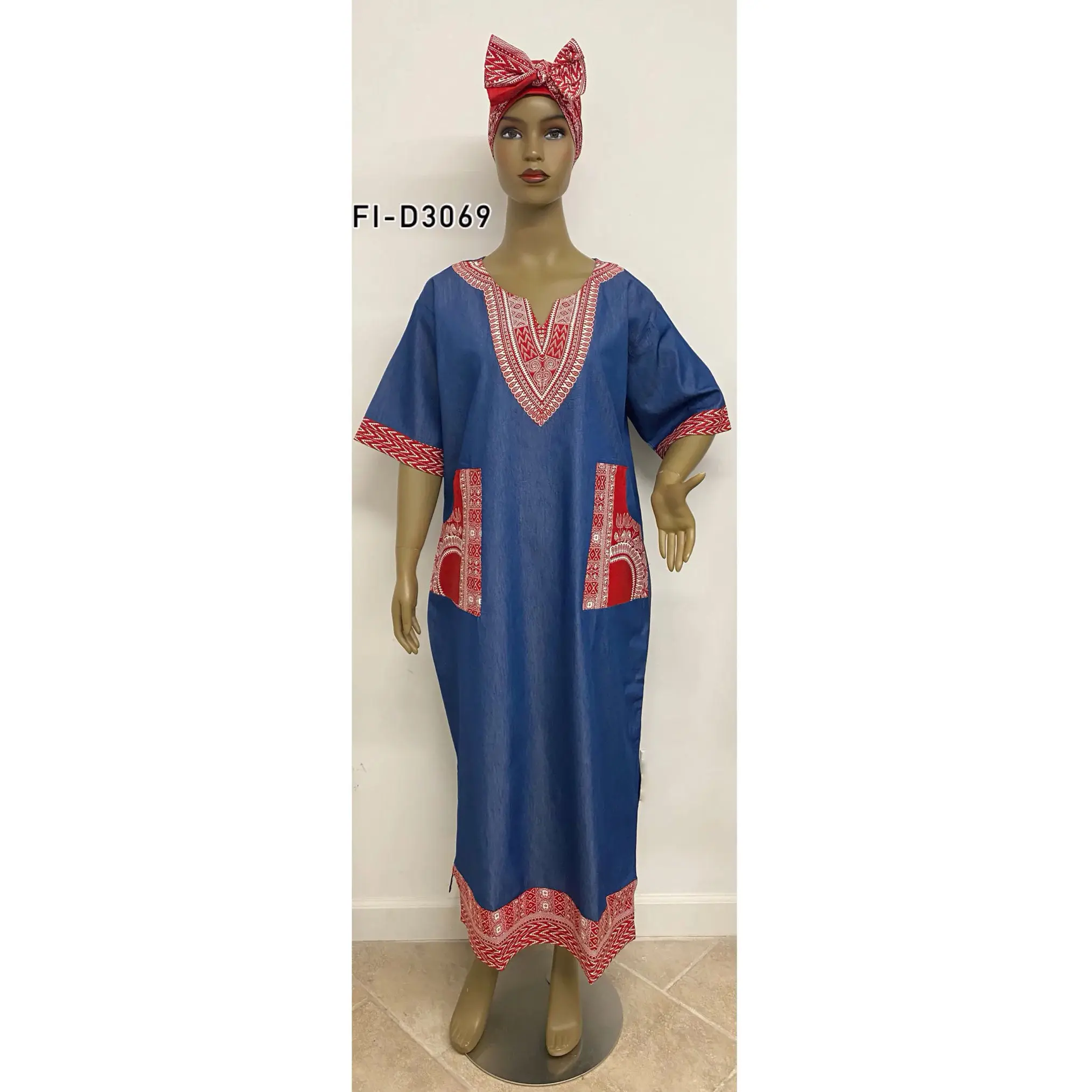 African Women's Dashiki Short Sleeve Denim Maxi Dress - FI-3069