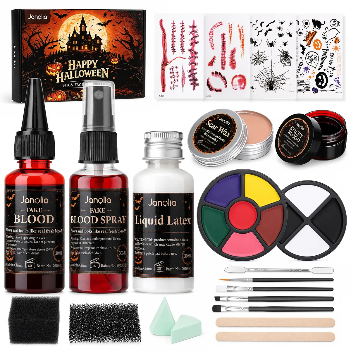 Washable Demonic SFX Halloween Makeup Kit - 7-Color Face Body Cosmetic Paint Palette, Scar Wax with Spatula, Fake Blood Spray, Fake Blood Cream, Stipple Sponge for Face Leg Application, Body Paint