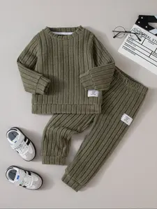 Toddler Boys' Knit Sweatshirt & Long Pants Set, Sweatpants, Striped Round Neck High Stretch, Soft Warm Casual Style, Ages 3-10, Fall Winter Outdoors