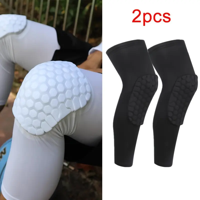 2-Piece Long Honeycomb Knee Pads, Breathable Polyester Spandex Leg Sleeves for Basketball and Cycling, 2Pcs, 8% Spandex, 92% Polyester, Bicycle, Honeycomb Pads, Snug Knit Fit