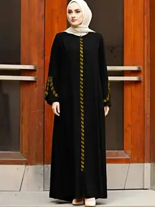 Elegant Women's Arabic with Rhinestones, Traditional Arabic Robe, Long Loose-Fitting Robe, Muslim Women Gowns, Casual Geometric Pattern, Zipper Design, All Seasons Wear