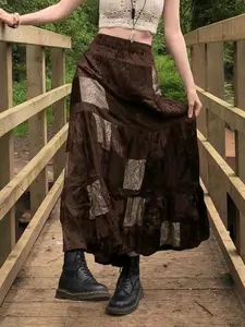 Women's Colorblock Patchwork Print Elastic Waist Flared Velvet Skirt, Street Boho Style High Waist A-Line Skirt For Daily Vacation Party, Fall & Winter Bottoms