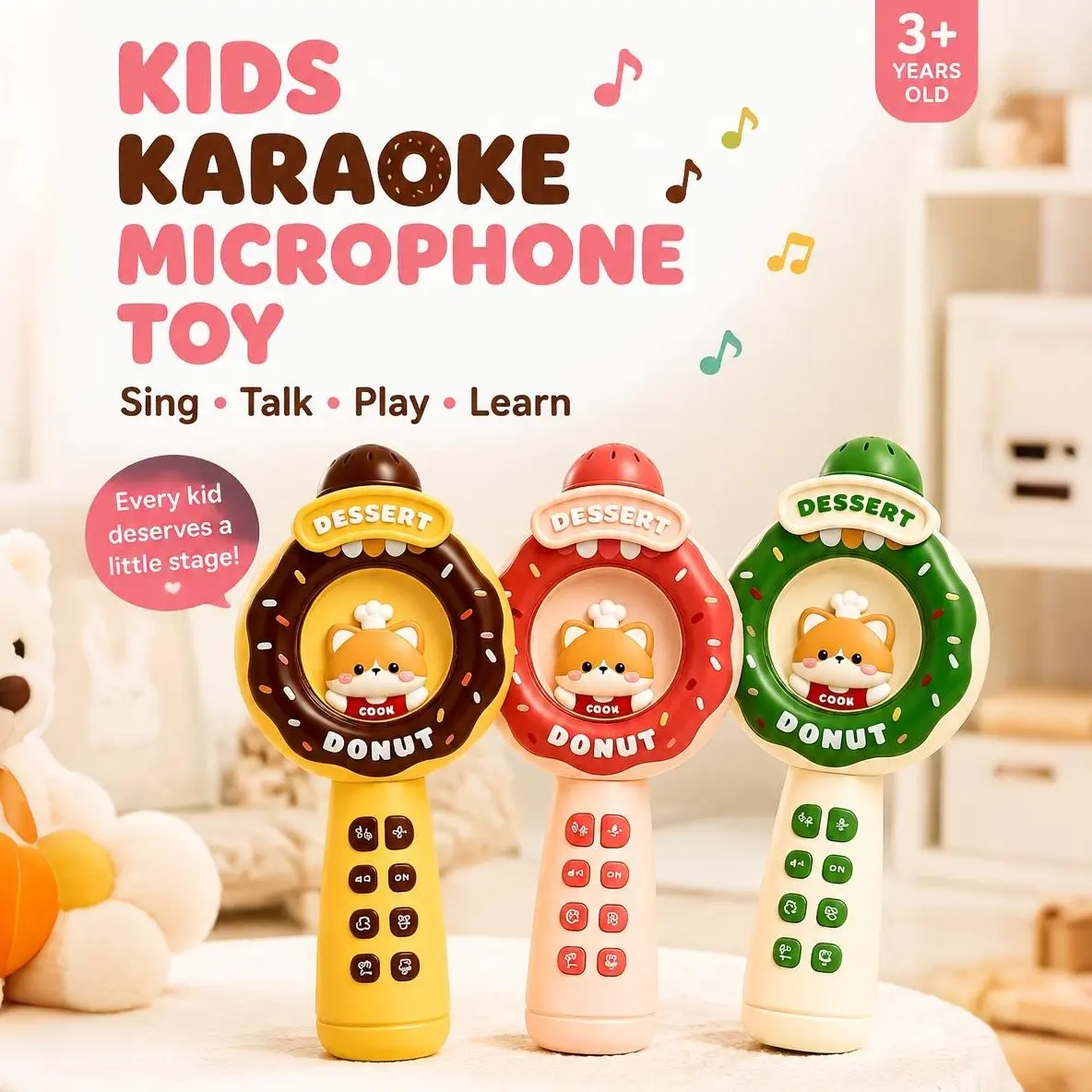 Kids Karaoke Microphone, Wireless Bluetooth Singing Toy with LED Lights, Portable Music Toy for Girls Boys, Birthday Gift for Kids Ages 3+