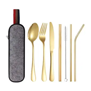 Portable Stainless Steel Flatware Set 8 Pieces, Reusable Cutlery Set Travel Utensils Set Including Chopsticks Knife Fork Spoon Straws Cleaning Brush Dishwasher Safe, Gold and Silver