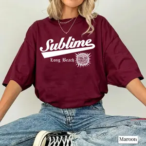 Sublime Long Beach Band Sweatshirt, Maroon Graphic Crewneck Pullover, Vintage 90s Rock Band Merch for Men and Women, Retro Aesthetic Oversized Streetwear