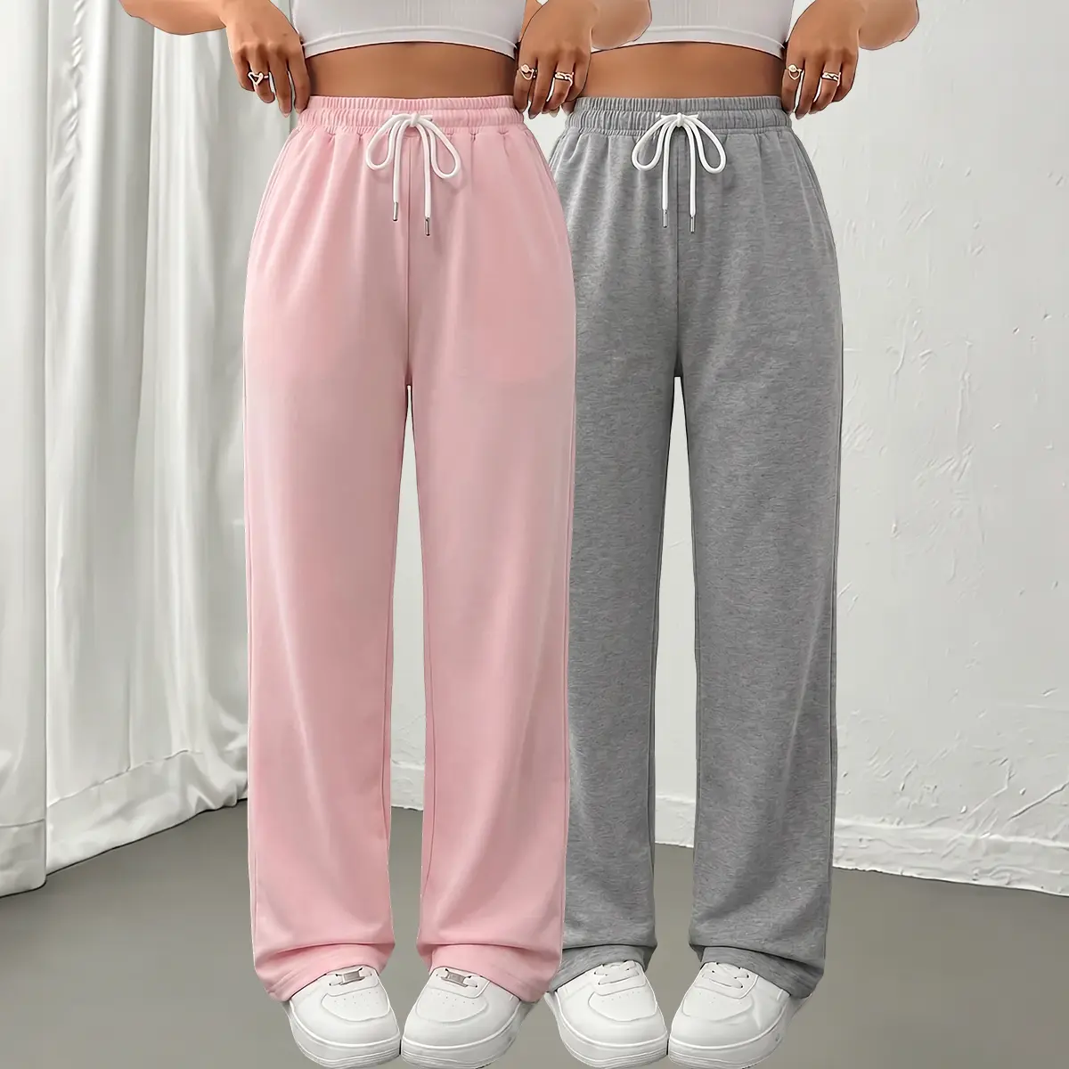 JOGWAVE EverGoing 2026 Women's High-Waisted Wide-Leg Yoga Pants (2PCS) - Women's Clothes, Comfy Pants, All Seasons, Solid Plain, Stretch Fabric, Pockets, Curvy/Plus-Size Fit, Business-Casual Everyday Wear, Wide-Leg Cut