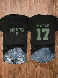 [Front and Back Double Image] Unisex Double-Sided T-Shirt St. Patrick's University Letter Print Large Size Crew Neck