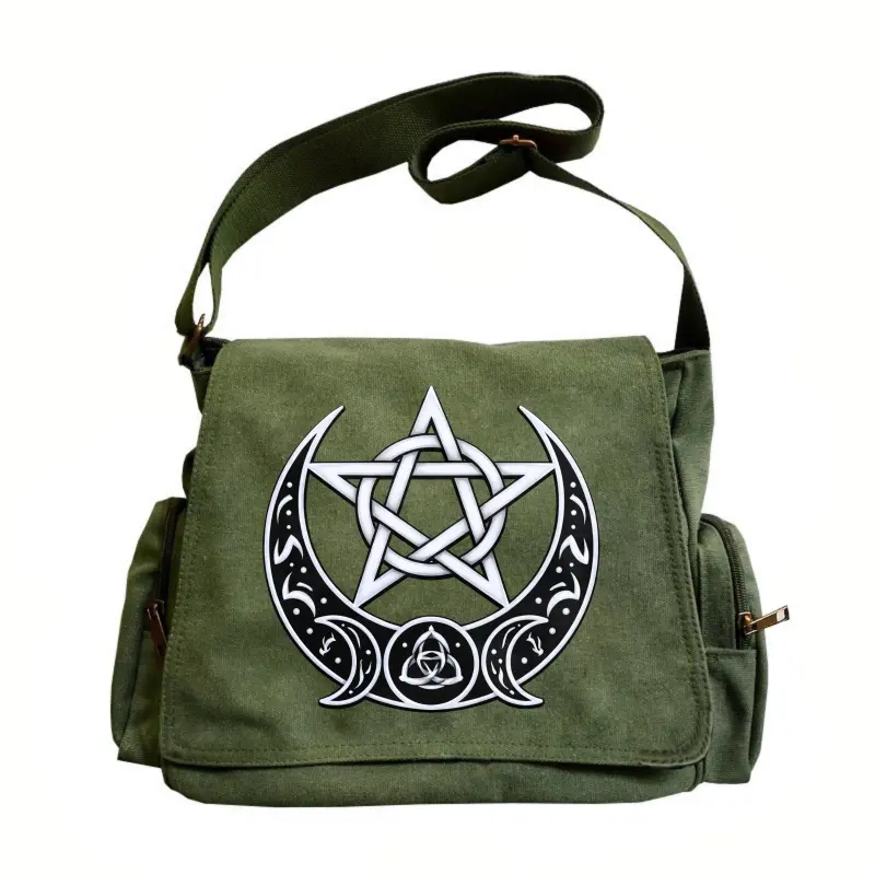 Women’s large-capacity shoulder bag with flip cover, vintage tote crossbody messenger style, featuring mysterious patterns with pentagram and double moon motifs. Ideal for women’s everyday outings and gatherings; a great gift choice.